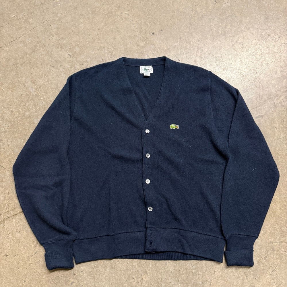 Vintage Izod Lacoste Cardigan Sweater Mens Medium Navy Blue Orlon Acrylic USA